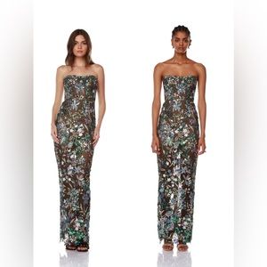 Bronx and Banco Dahlia Strapless Floral-Embroidered Column Gown